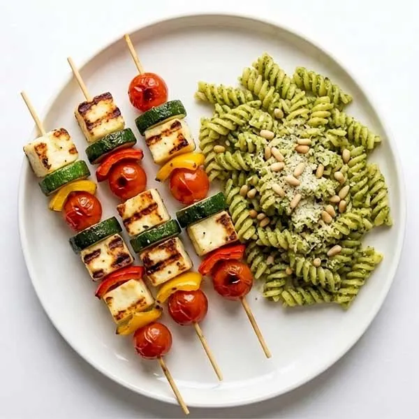Halloumi & Grilled Vegetable Skewers with Pesto Pasta